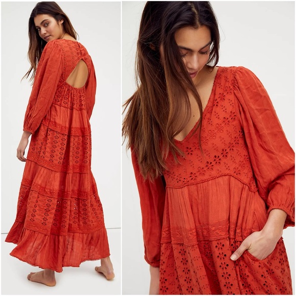 FREE PEOPLE L Mockingbird Maxi Dress in Rooibos Tea • Rust Orange Floral Eyelet - Picture 9 of 13